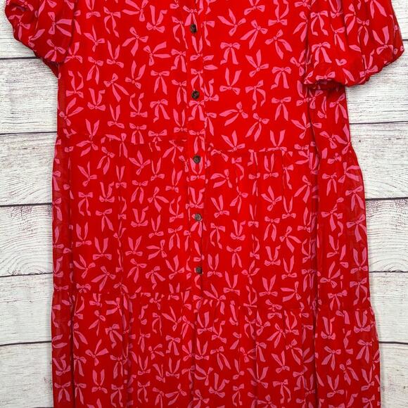 CeCe Red & Pink Coquette Pink Bow Tiered Ruffle Maxi Chiffon Dress Size Medium - Picture 3 of 9